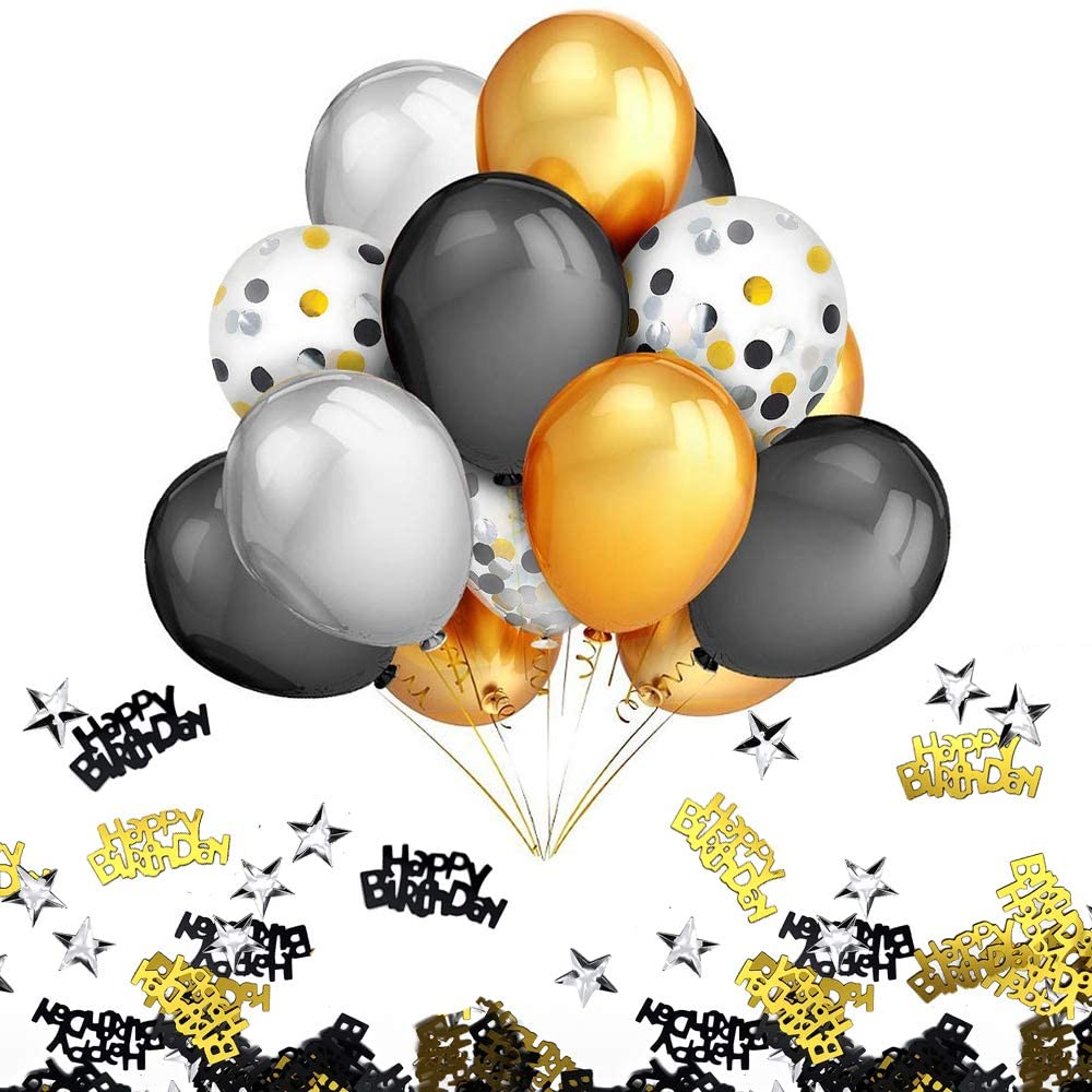 iZoeL Black Gold Silver Party Decorations incl. Birthday Banner 6 star foil balloon 30 latex balloons 10 confetti balloons Happy Birthday star Confetti