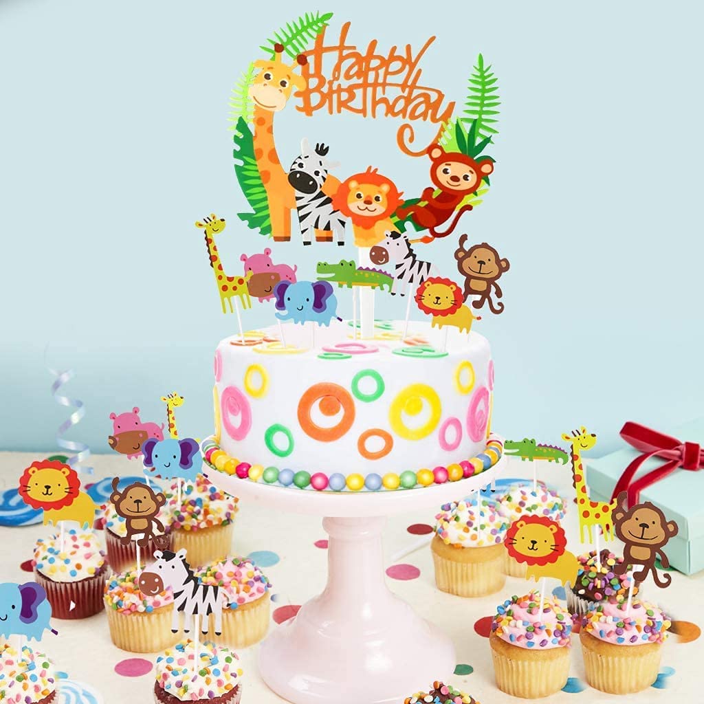 iZoeL Animal Cake Topper, 1pcs Zoo Animal Happy Birthday Banner, 35 Animal Cupcake Topper for Kid Birthday Party Decoration, Jungle Safari Theme Party (Green)