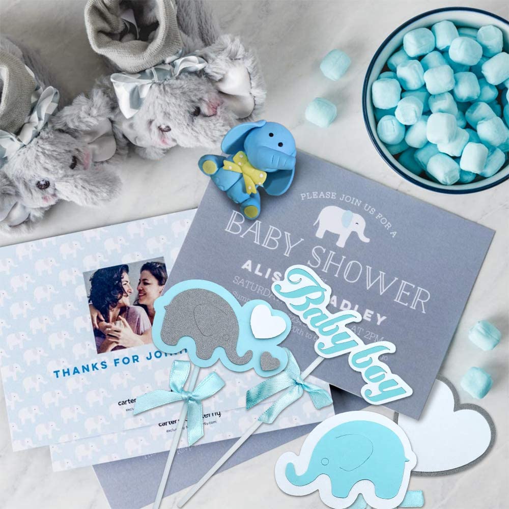 iZoeL Baby Shower Cake Topper Elephant Cake Decor, 1 Blue Elephant, 2 Elephant Cake Toppers,1 Baby Boy Banner, 11 Shine Hearts, 3 Balloons for Boys kids Shower Baby Cake Decoration