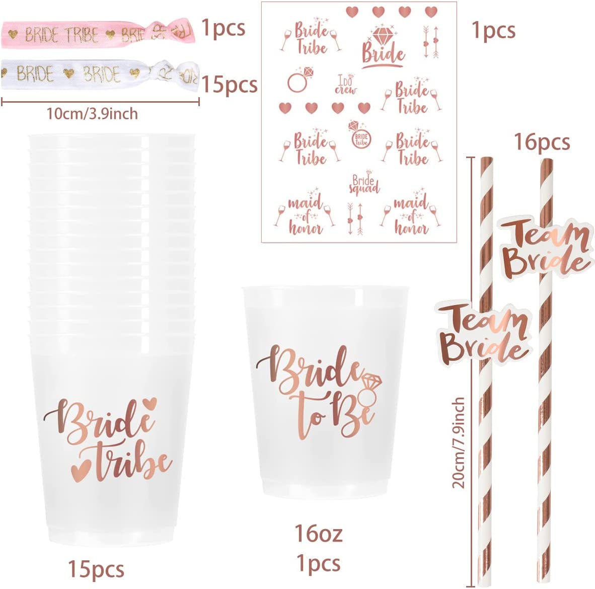 iZoeL Hen Party Accessories, 16 Hen Party Cups Straws, 1 Bride Bracelet Bride Tribe Bracelet, Tattoos Bride Tribe - Hen Party Decoration Hen Party Bag Fillers Hen Do Bride to Be Decorations