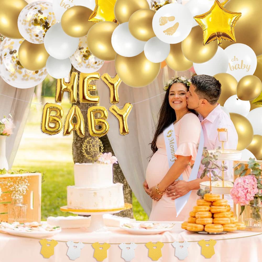iZoeL Baby Shower Decorations Boy Girl white Gold Baby Shower Decoration Neutral Balloon Arch Kit, Hey Baby Banner Mummy to Be Sash Elephant Balloons Gender Reveal balloons Cake Topper