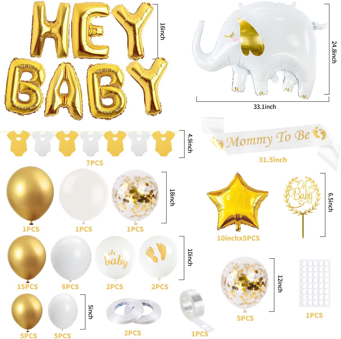 iZoeL Baby Shower Decorations Boy Girl white Gold Baby Shower Decoration Neutral Balloon Arch Kit, Hey Baby Banner Mummy to Be Sash Elephant Balloons Gender Reveal balloons Cake Topper