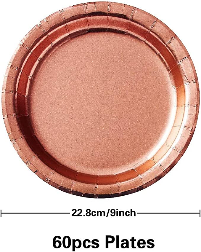 iZoeL 60pcs Rose Gold Plates 9 Inches Rose Gold Party Tableware Set for Rose Gold Birthday Party Decorations Wedding Anniversary - Paper