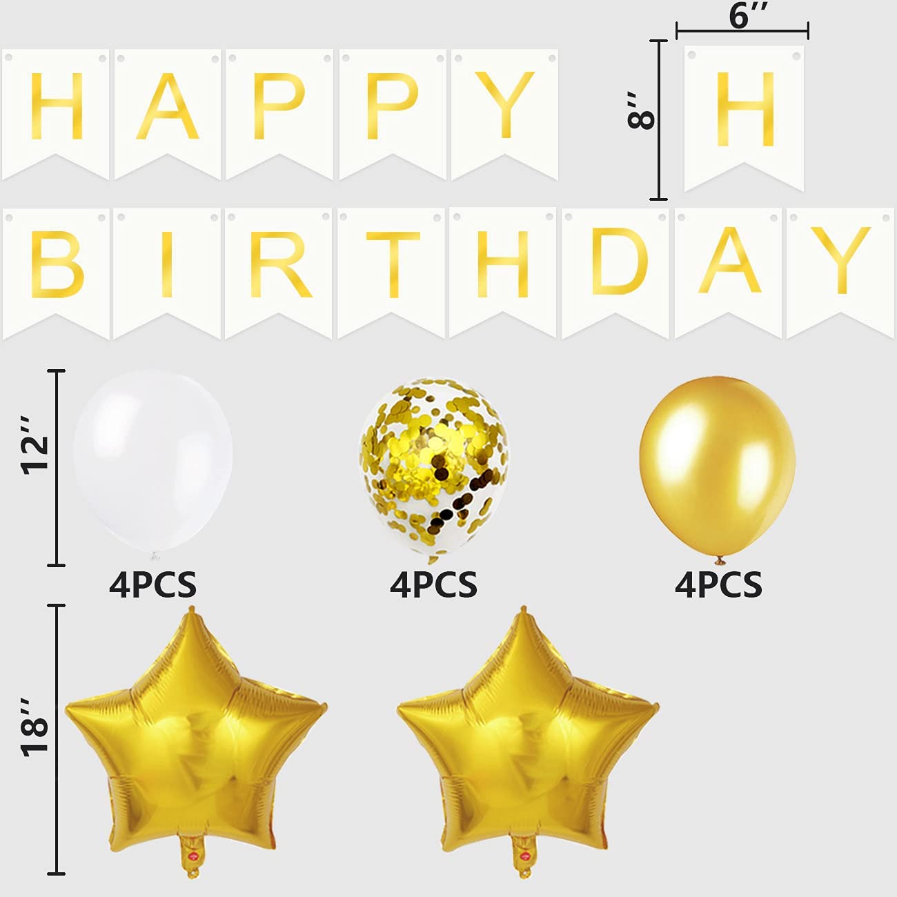iZoeL Gold Birthday Decoration for Him, Happy Birthday Banner, Confetti Balloons, Big Star Balloons, for Boys Mens Husband Girl Women Birthday Party Supplies Baby Shower