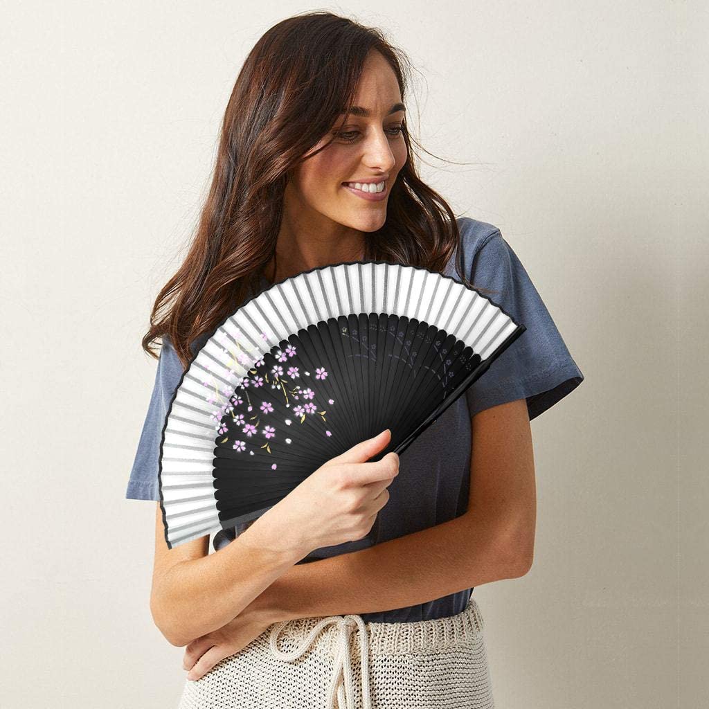 iZoeL Hand Bamboo Fan Handheld Folding Portable Fans, Black Fabric Cherry Fan with High-end Gift Bag, Cherry Pattern Hand Held Pocket Chinese Fan Idea Wedding Birthday Gift for Man Women