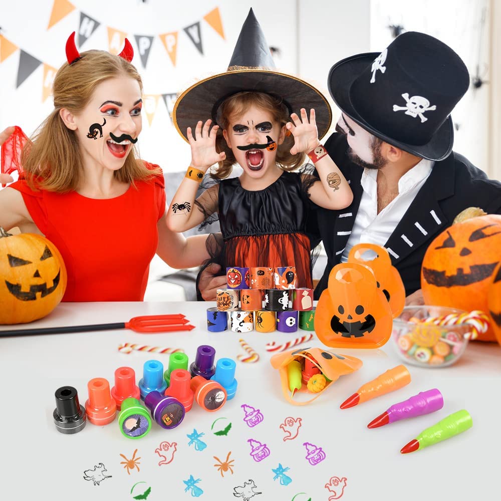iZoeL 18 Set Spooky Halloween Toys for Kids Halloween Party Bag Fillers with Pumpkin Halloween Sweet Bags Slap Bracelet Stampers Tattoos Finger Halloween Spiders- Halloween Party Favours