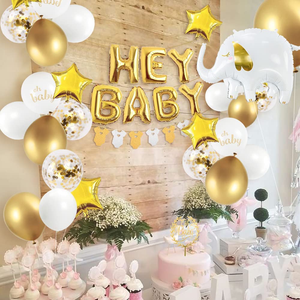 iZoeL Baby Shower Decorations Boy Girl white Gold Baby Shower Decoration Neutral Balloon Arch Kit, Hey Baby Banner Mummy to Be Sash Elephant Balloons Gender Reveal balloons Cake Topper