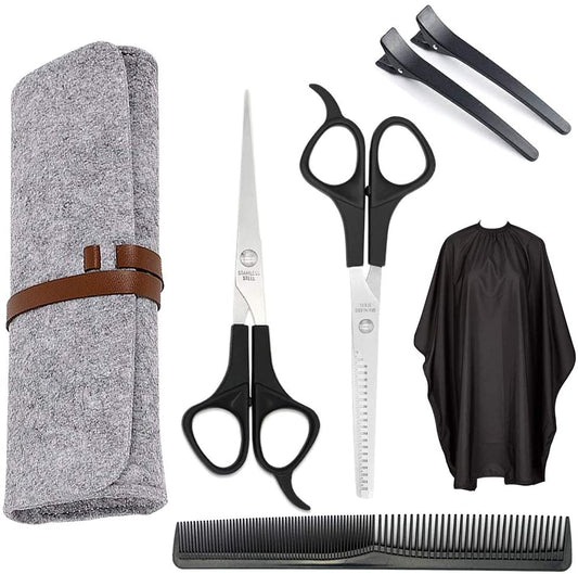 iZoeL Black Hair Scissor Kit Hairdressing Scissors Professional Hairdresser Scissors Stainless Steel Thinning Hair Shears Barber Scissors Storage Bag Comb Clips Barber Cape - Home Use