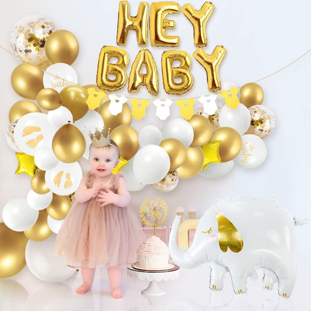 iZoeL Baby Shower Decorations Boy Girl white Gold Baby Shower Decoration Neutral Balloon Arch Kit, Hey Baby Banner Mummy to Be Sash Elephant Balloons Gender Reveal balloons Cake Topper