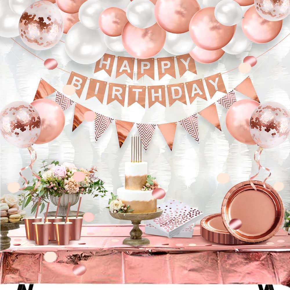 iZoeL Vaisselle Jetable Anniversaire Rose Gold, Decoration Anniversaire Femme Fille, 46pcs Arche Ballon anniversaire Nappe Rideau Serviettes Assiettes Tasses Paille 10g Confettis