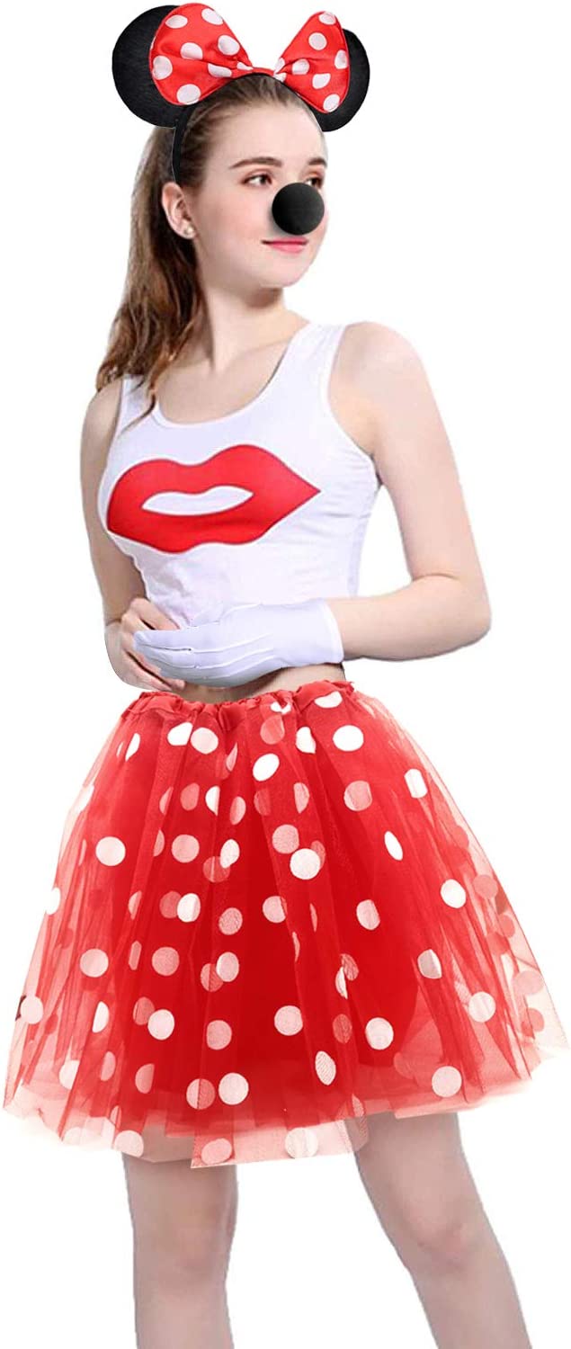 iZoeL Minnie Mouse Costume Kit incl. red tutu skirt with white polka dot, Minnie Mouse Ear Headband, 2 White Gloves, Black Nose for Carnival Cartoon cosplay Decoration Party Character Adult kid