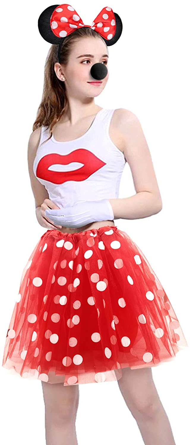 iZoeL Mini Mouse Red Tutu Skirt with White Polka Dots Girl Skirt for Carnival Costume Mouse Themed Birthday Party Fancy Dress Hen Party for Ladies Girls Kids