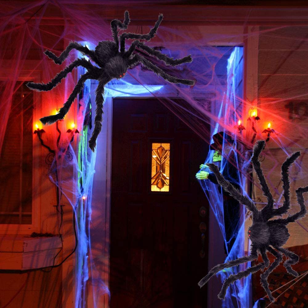 iZoeL 2pcs Giant Spider 75cm, Triangular Cobweb 5m*4.8m, Plastic Spiders 30pcs, Spider Web 40g for Halloween Decorations Indoor Outdoor Home Yard (Black cobweb + spider + 40g spider web)