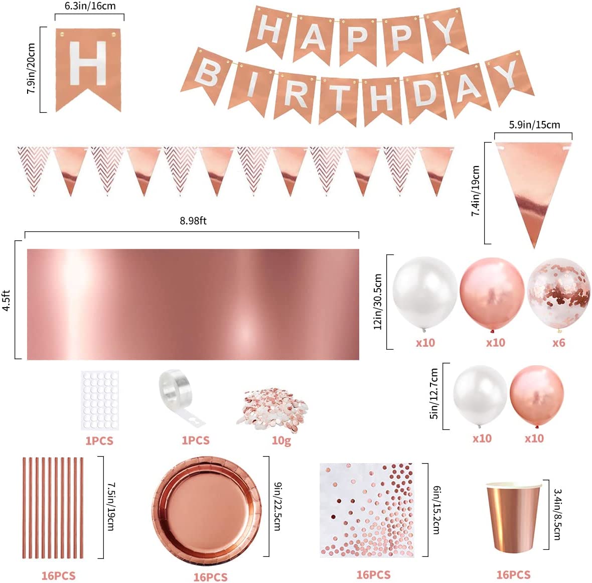 iZoeL Vaisselle Jetable Anniversaire Rose Gold, Decoration Anniversaire Femme Fille, 46pcs Arche Ballon anniversaire Nappe Rideau Serviettes Assiettes Tasses Paille 10g Confettis