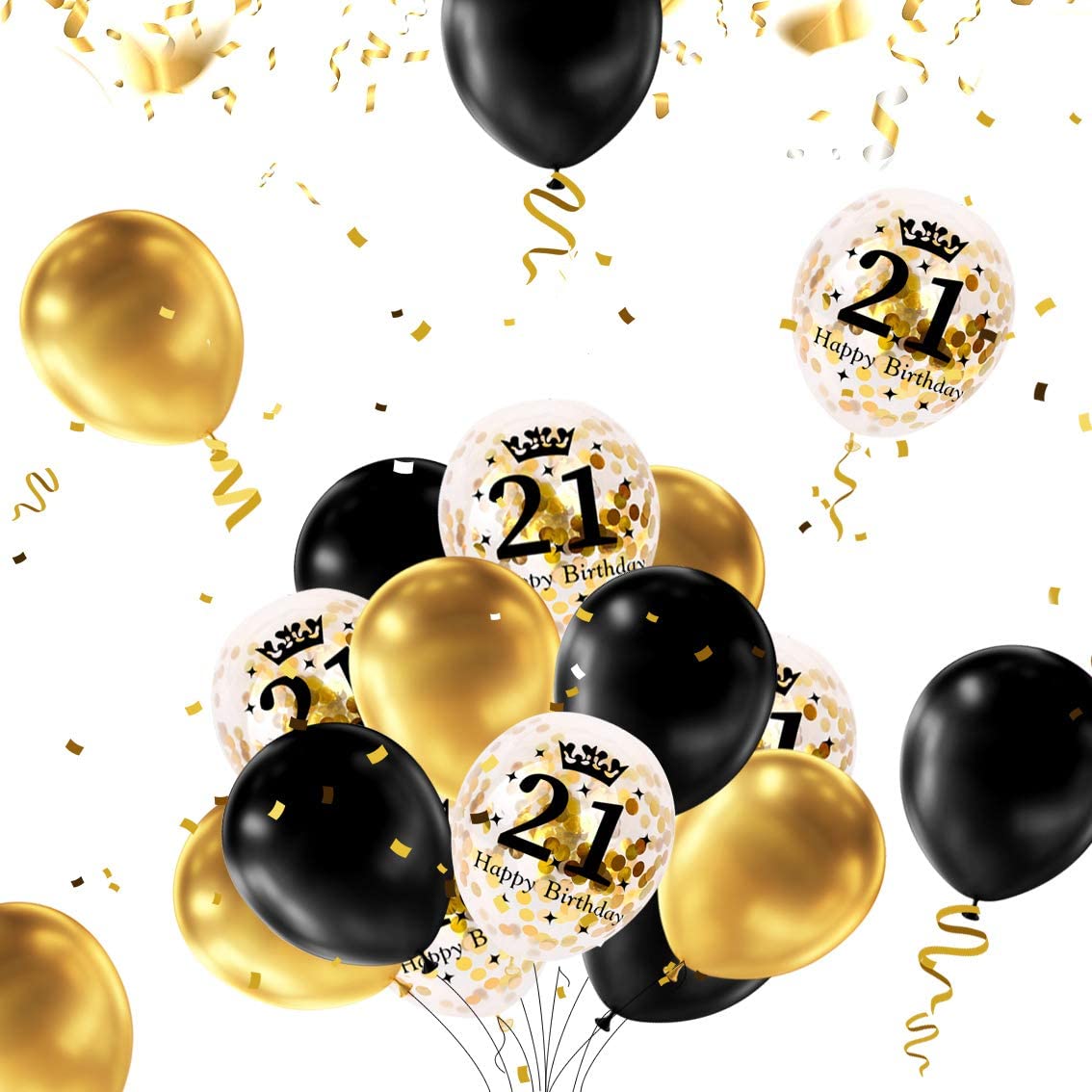 iZoeL 21st Black Gold Birthday Party Decoration, Happy Birthday Banner, Helium Number Balloon 21 XXL, 2 Gold Fringe Curtain, Latex Confetti Balloon, Table Confetti for Man Girl Women Anniversary
