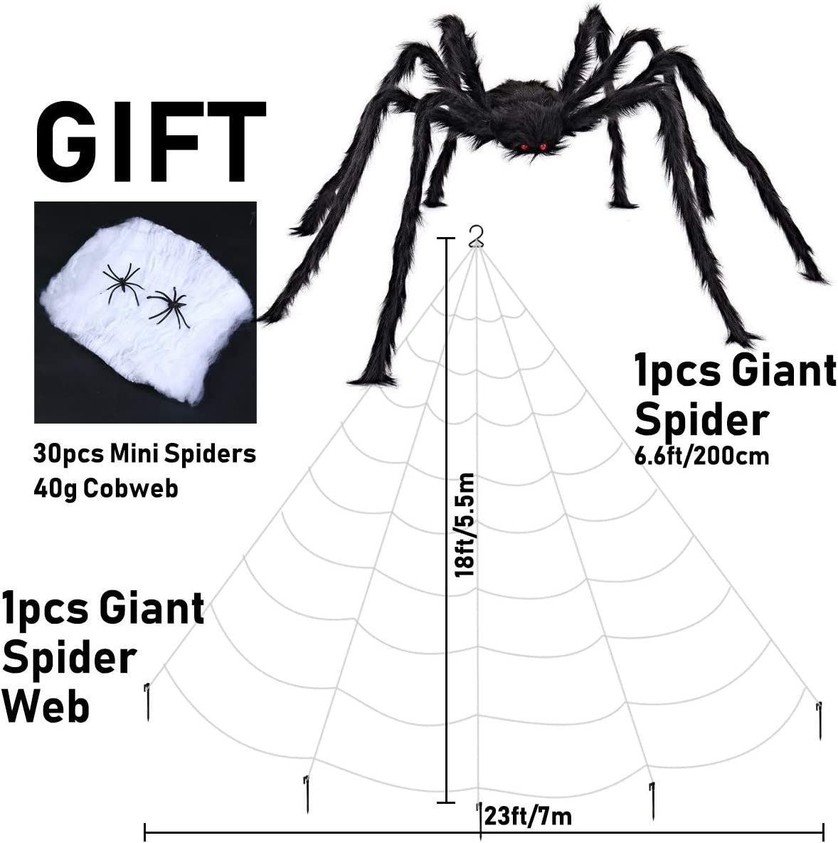 iZoeL Giant Spider 6.6ft - 200cm, Spider Web 23ft - 700cm, 30pcs Plastic Spiders, 40g Cobweb - Halloween Decorations Triangular Cobweb for Indoor Outdoor Home Yard Haunted House