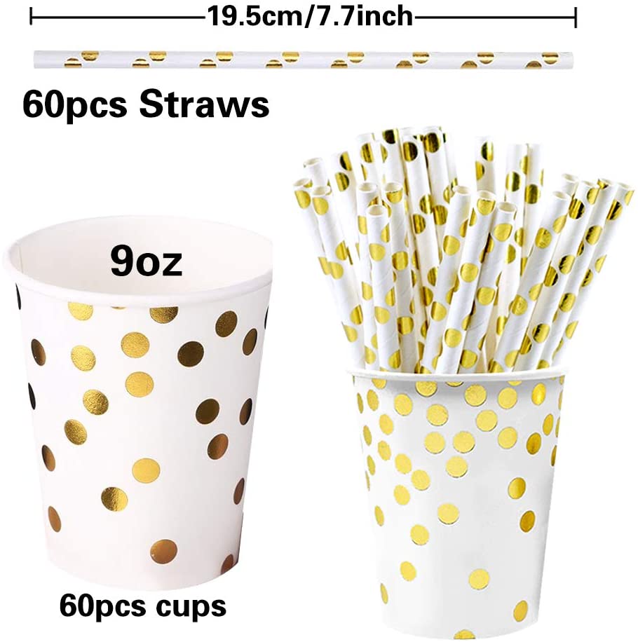 iZoeL 60 Guests Gold Party Tableware Paper Dinnerware Gold Dot Plates Cups Straws Napkins for Birthday Party Baby Shower Bridal Wedding Anniversary