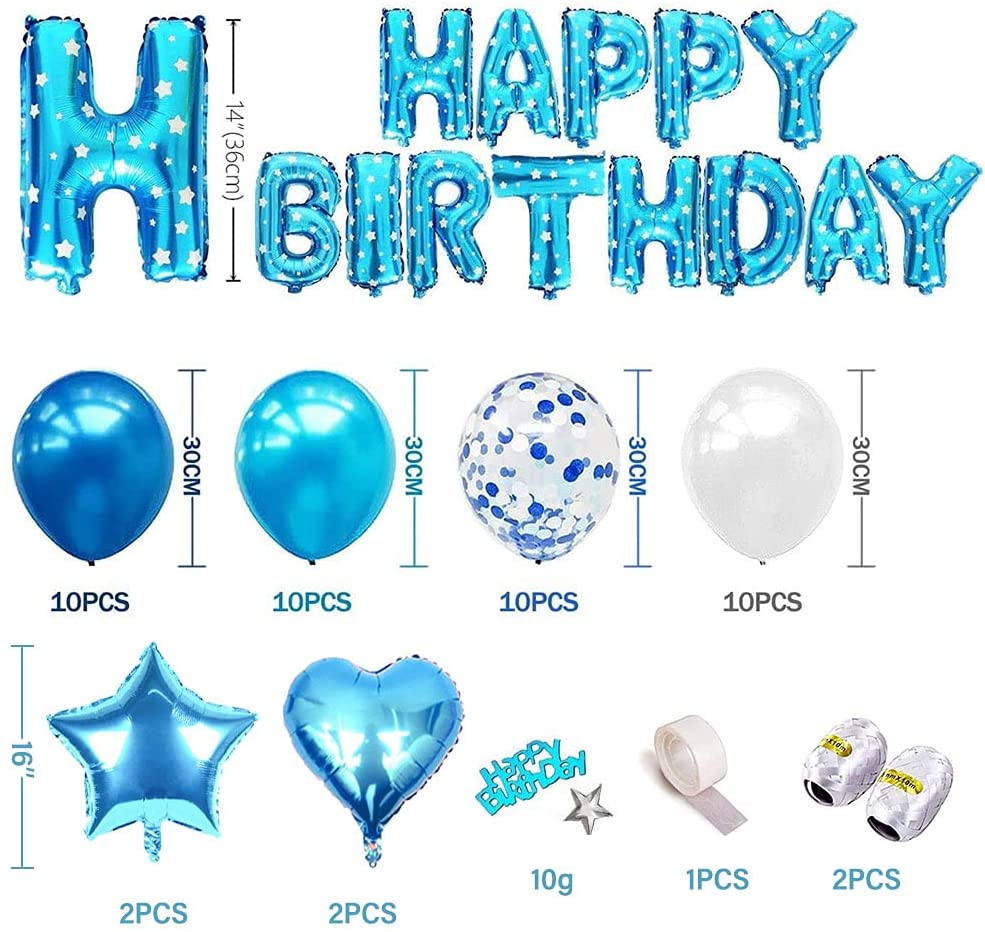 iZoeL Blue Birthday Party Decoration Boys, Blue Happy Birthday Banner Confetti Balloon Heart Star Balloon plus 10g Birthday Table Confetti for Baby Shower Kid Girl Man Birthday Supplies