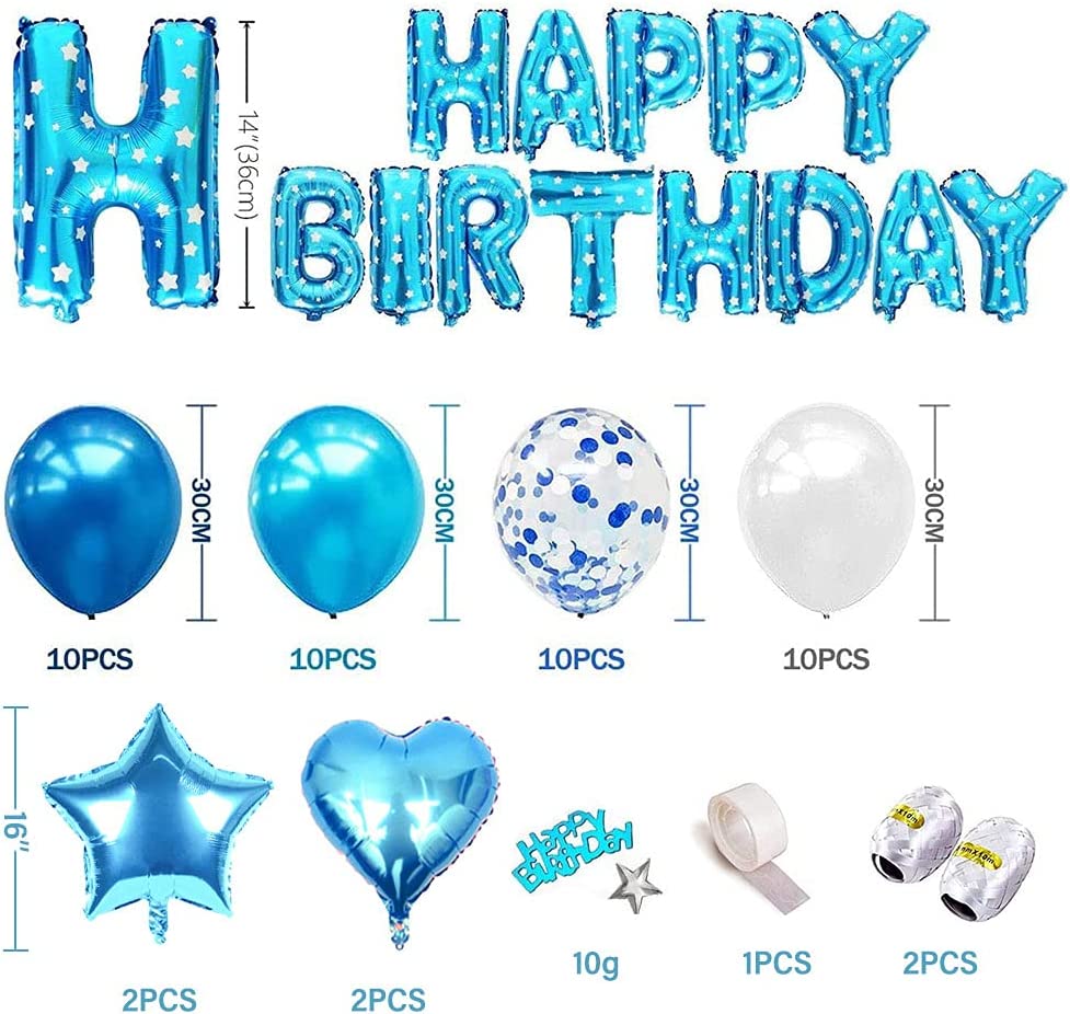 iZoeL Blue Birthday Party Decoration Boys, Blue Happy Birthday Banner Confetti Balloon Heart Star Balloon plus 10g Birthday Table Confetti for Baby Shower Kid Girl Man Birthday Supplies