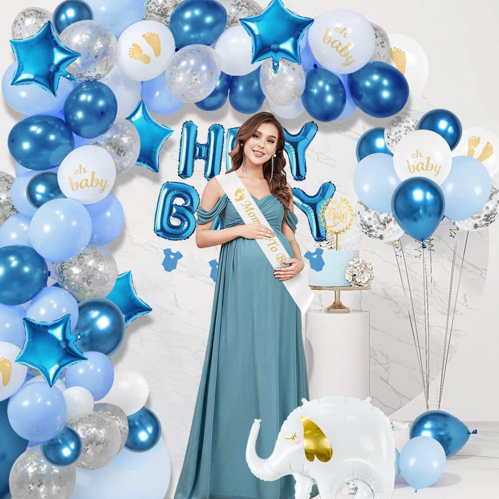 iZoeL Baby Shower Decorations Boy Girl White Blue Baby Shower Decoration Neutral Balloon Arch Kit, Hey Baby Banner Mummy to Be Sash Elephant Balloons Gender Reveal balloons Cake Topper