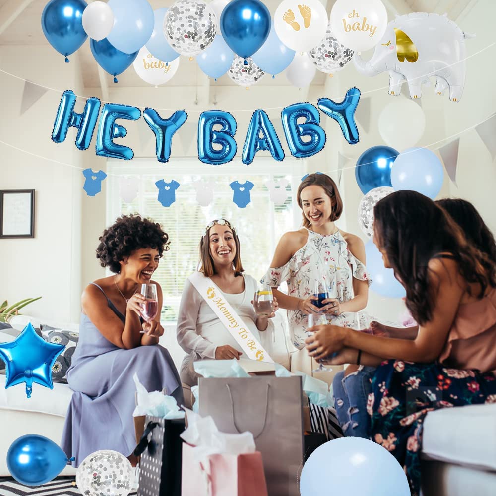 iZoeL Baby Shower Decorations Boy Girl White Blue Baby Shower Decoration Neutral Balloon Arch Kit, Hey Baby Banner Mummy to Be Sash Elephant Balloons Gender Reveal balloons Cake Topper