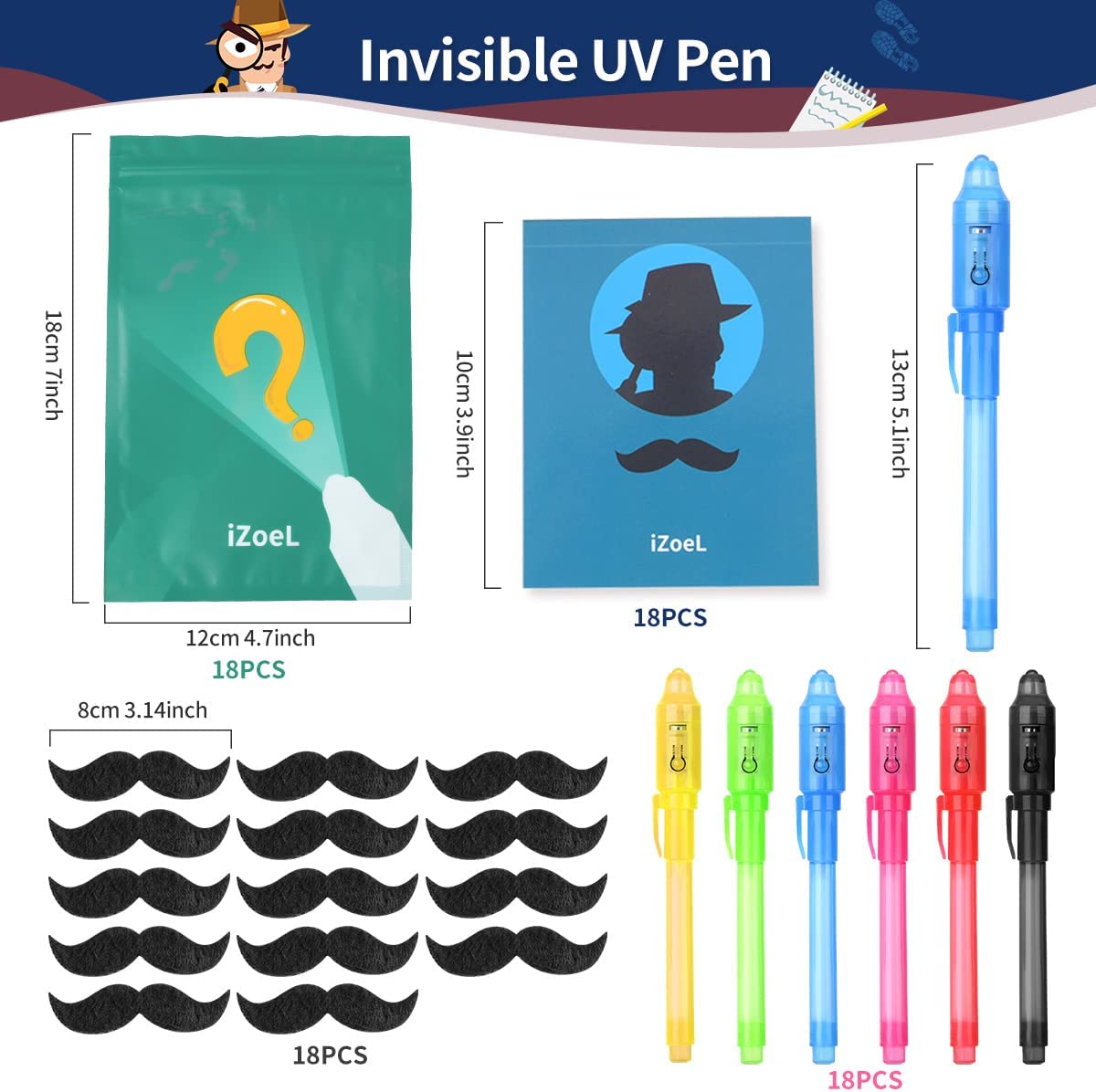 iZoeL 18 Invisible Ink Pen Secret Pen 18 Notebook 18 mustache, detective Men Invisible Writing with UV Light, Invisible UV Pens Detective Birthday Pinata Party Bags Filler School Prize