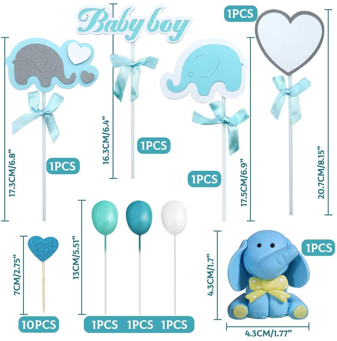 iZoeL Baby Shower Cake Topper Elephant Cake Decor, 1 Blue Elephant, 2 Elephant Cake Toppers,1 Baby Boy Banner, 11 Shine Hearts, 3 Balloons for Boys kids Shower Baby Cake Decoration