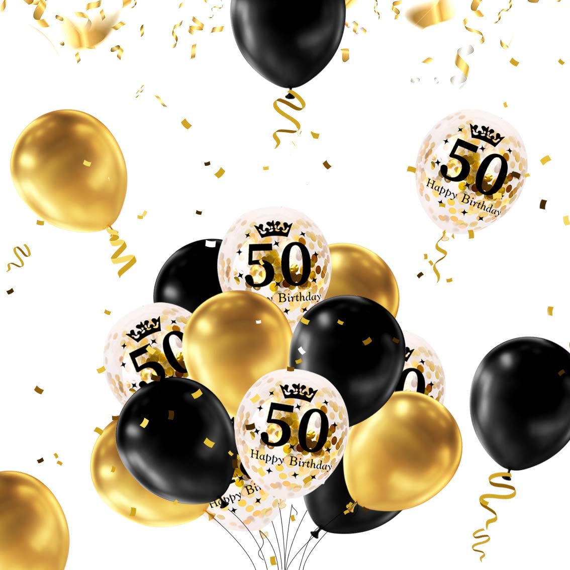 iZoeL 50th Black Gold Birthday Party Decoration, Happy Birthday Banner, Helium Number 50 XXL, 2 Gold Fringe Curtain, Latex Confetti Balloon, Table Confetti