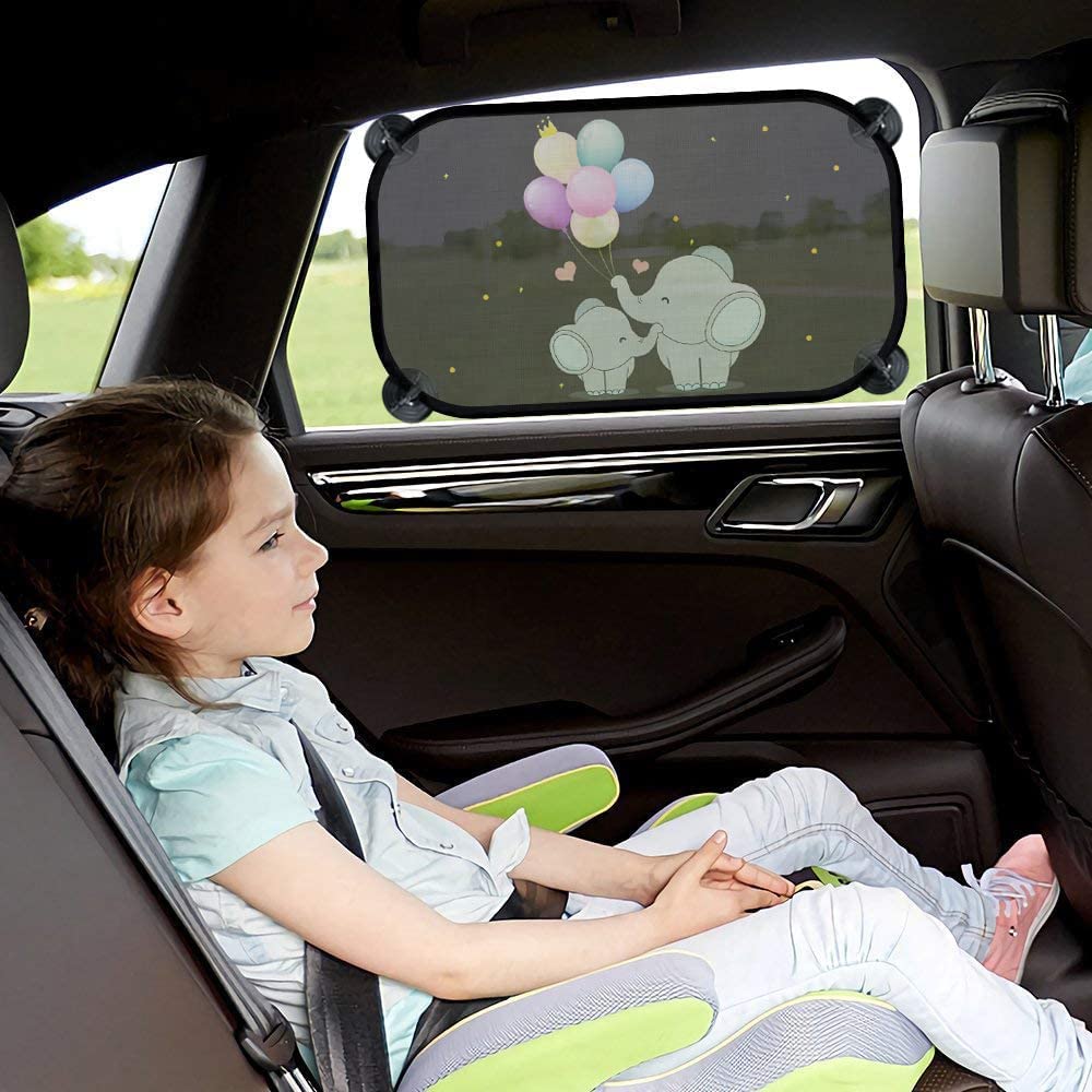 iZoeL Baby Sun Shade with UV Protection, Pack of 2 Sun Visors for Children with 8 Suction Cups, Shade Car Window Side Window Motif Animals (Elephant)