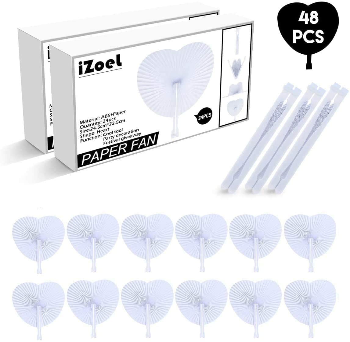 iZoeL Hand Fan Folding for Wedding Decoration Paper Fan Heart Shaped as Church Gift Party Favors Set of 48