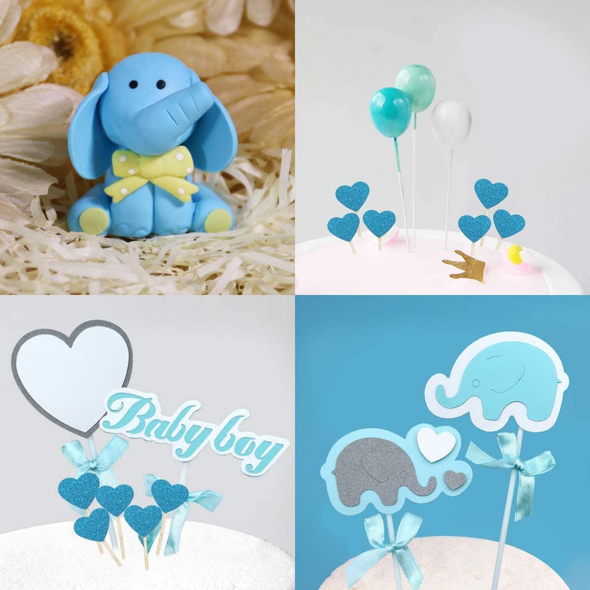 iZoeL Baby Shower Cake Topper Elephant Cake Decor, 1 Blue Elephant, 2 Elephant Cake Toppers,1 Baby Boy Banner, 11 Shine Hearts, 3 Balloons for Boys kids Shower Baby Cake Decoration