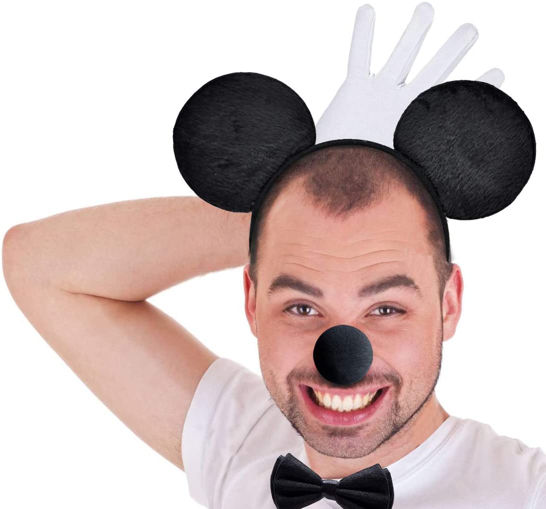iZoeL Mouse COSTUME Kit 2x Mouse Ear Headband 4x White Gloves 2x Black Nose 1x bow tie bow for Carnival Accessory Birthday Fancy Dress Party Bag Favors Cosplay Adult Kid