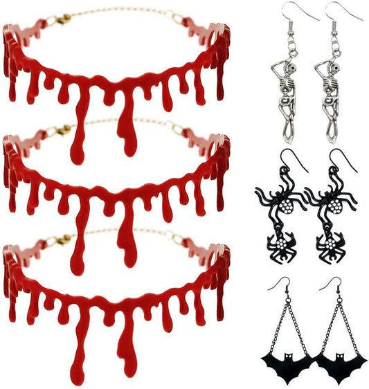 iZoeL 6pcs Halloween Decoration, 3 Halloween Bloody Necklace, 3 Halloween Earring (Skull, Bat, Spider), for Fright Night Masquerade Horror Fancy Dress Party Women Man Kid Boy Girl