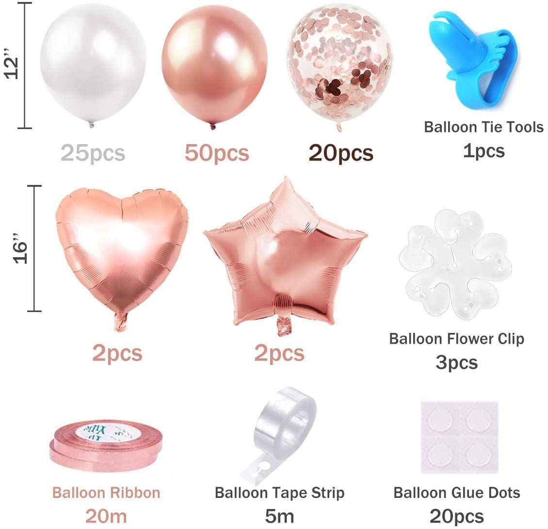 iZoeL Rose Gold Balloon Arch Garland Kit for Girl Woman Birthday Party Decoration with Tape Strips Tie Tools Flower Clips Latex Confetti Foil Star Balloon - Anniversary Celebration Supplies