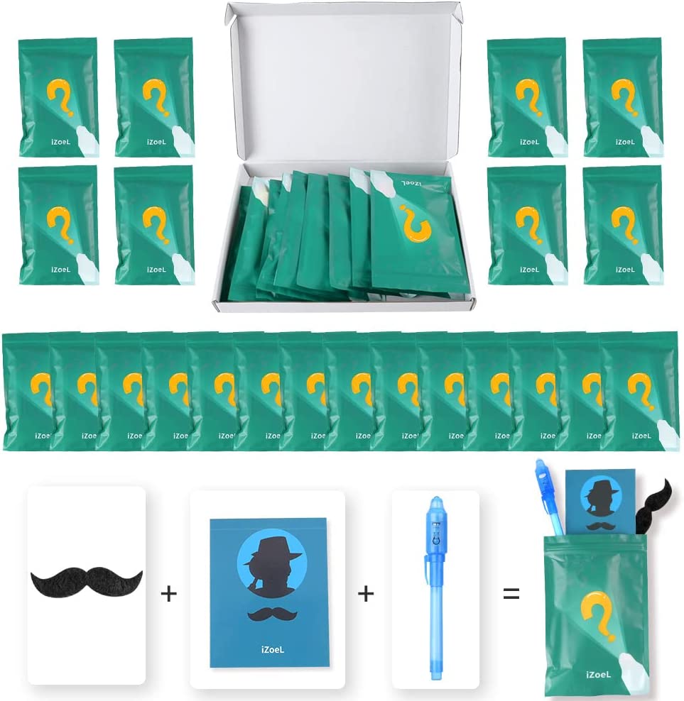 iZoeL 18 Invisible Ink Pen Secret Pen 18 Notebook 18 mustache, detective Men Invisible Writing with UV Light, Invisible UV Pens Detective Birthday Pinata Party Bags Filler School Prize