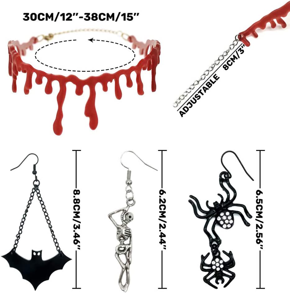 iZoeL 6pcs Halloween Decoration, 3 Halloween Bloody Necklace, 3 Halloween Earring (Skull, Bat, Spider), for Fright Night Masquerade Horror Fancy Dress Party Women Man Kid Boy Girl