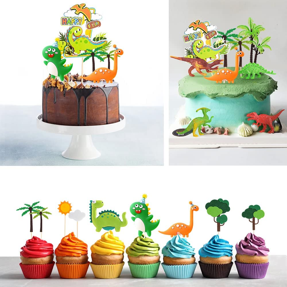 iZoeL 3D Dinosaur Cake Toppers, Dinosaur Cake Decoration, Dinosaur Happy Birthday Caker Topper, Dinosaur Cupcake Topper for Kids Boys Birthday Party Cake - 19PCS - Reusable