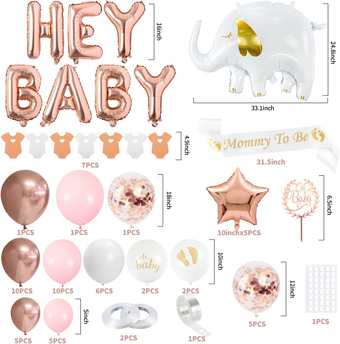 iZoeL Baby Shower Decorations Girl Rose Gold Baby Shower Decoration Neutral Balloon Arch Kit, Hey Baby Banner Mummy to Be Sash Elephant Balloons Gender Reveal Balloons Cake Topper