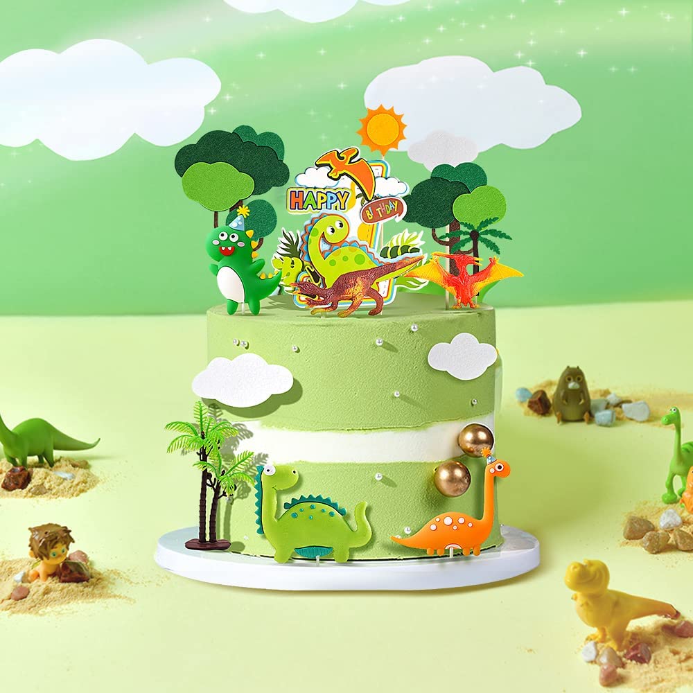 iZoeL 3D Dinosaur Cake Toppers, Dinosaur Cake Decoration, Dinosaur Happy Birthday Caker Topper, Dinosaur Cupcake Topper for Kids Boys Birthday Party Cake - 19PCS - Reusable