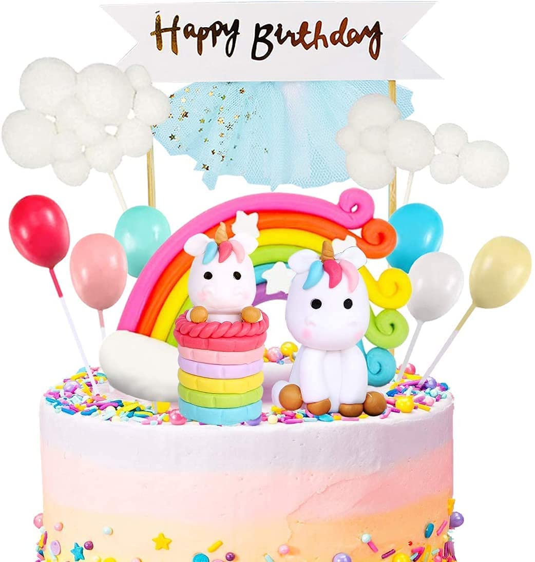 iZoeL Unicorn Cake Topper Kit Cloud Rainbow Balloon Happy Birthday Banner Cake Decoration For Boys Girls Kids Birthday