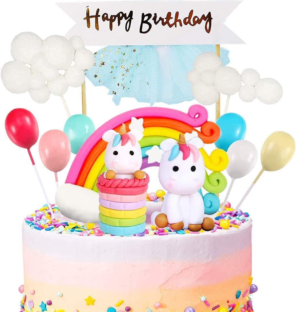 iZoeL Unicorn Cake Topper Kit Cloud Rainbow Balloon Happy Birthday Banner Cake Decoration For Boys Girls Kids Birthday