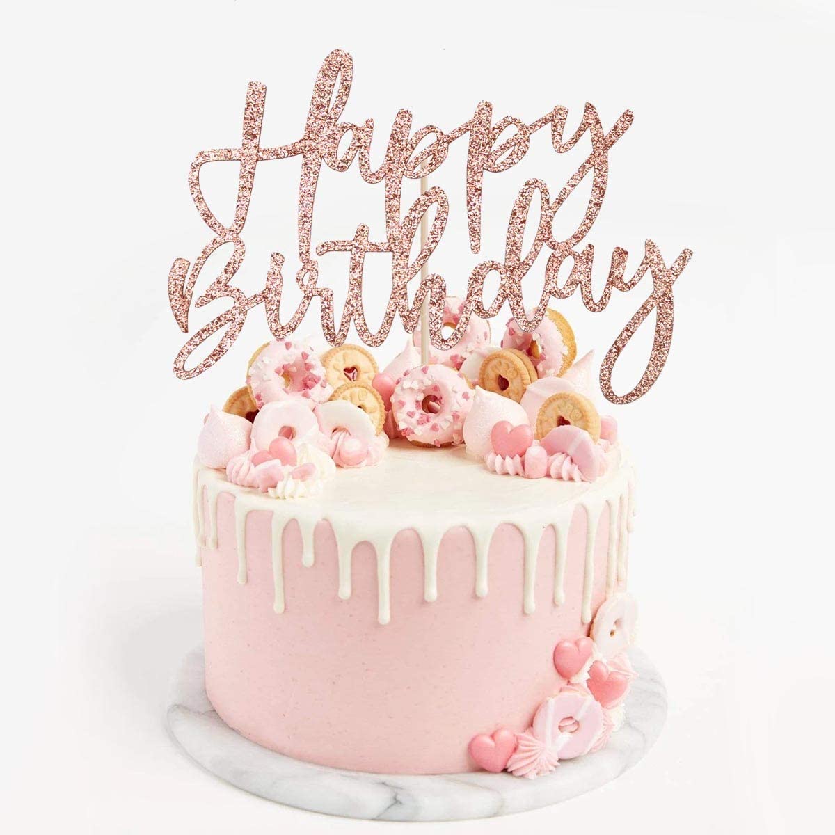 iZoeL 2 Sets Cake Decoration Rose Gold Cake Topper Happy Birthday Banner Confetti Balloon Stars Heart Cake Topper for Women Girls Rose Gold Theme Birthday Party Decor Hen Party