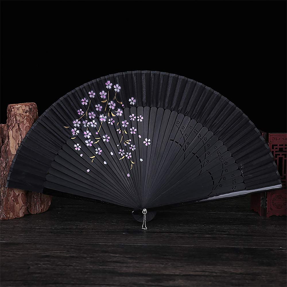 iZoeL Hand Bamboo Fan Handheld Folding Portable Fans, Black Fabric Cherry Fan with High-end Gift Bag, Hand Held Pocket Chinese Fan Idea Wedding Birthday Gift for Man Women