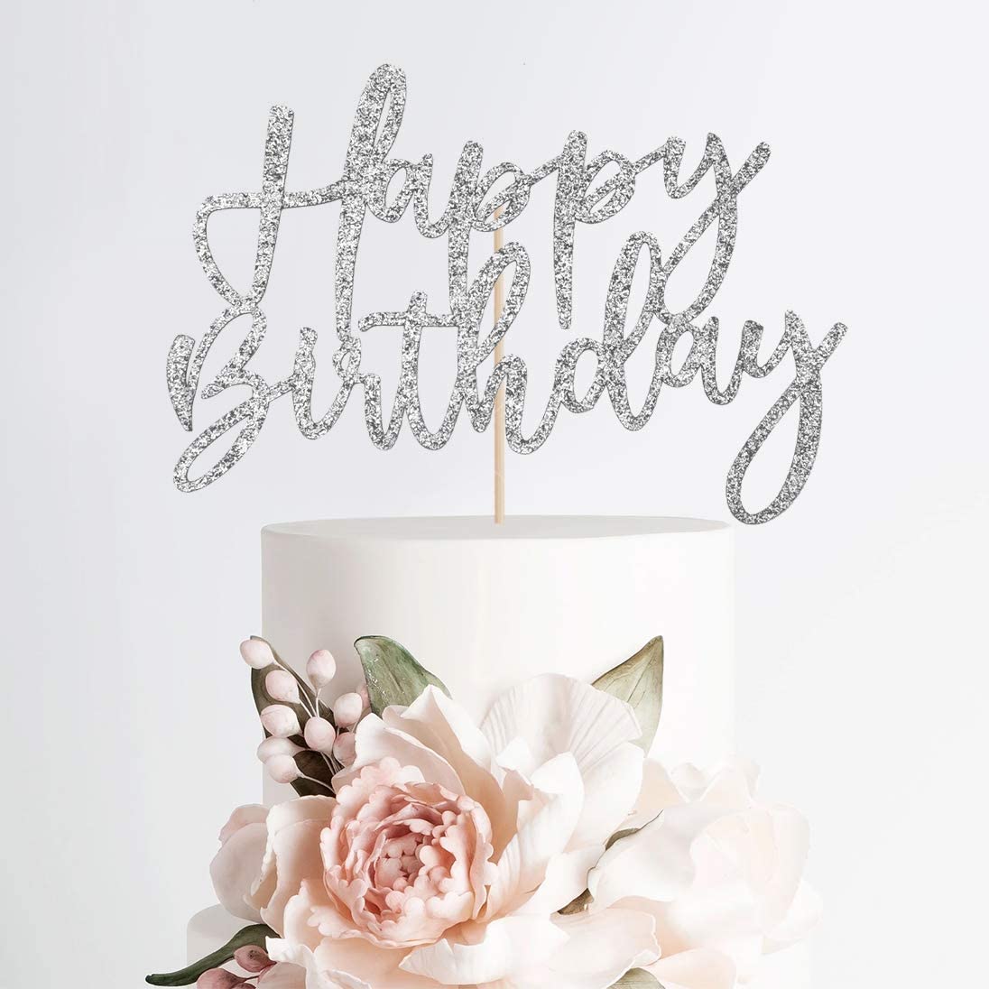 iZoeL 2 Sets Silver Cake Decoration Gold Cake Topper Happy Birthday Banner Confetti Balloon Stars Heart Cake Topper for Man Boys Women Girls Silver Theme Birthday Party Decor Hen Party