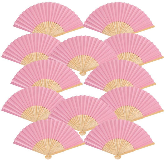 iZoeL 12 Wedding Fan + Organza Bags, Folding Hand Held fan Bamboo paper for Church Wedding Gift, Wall Decoration, Party Favor, DIY Wall, Vintage Fan (Pink)