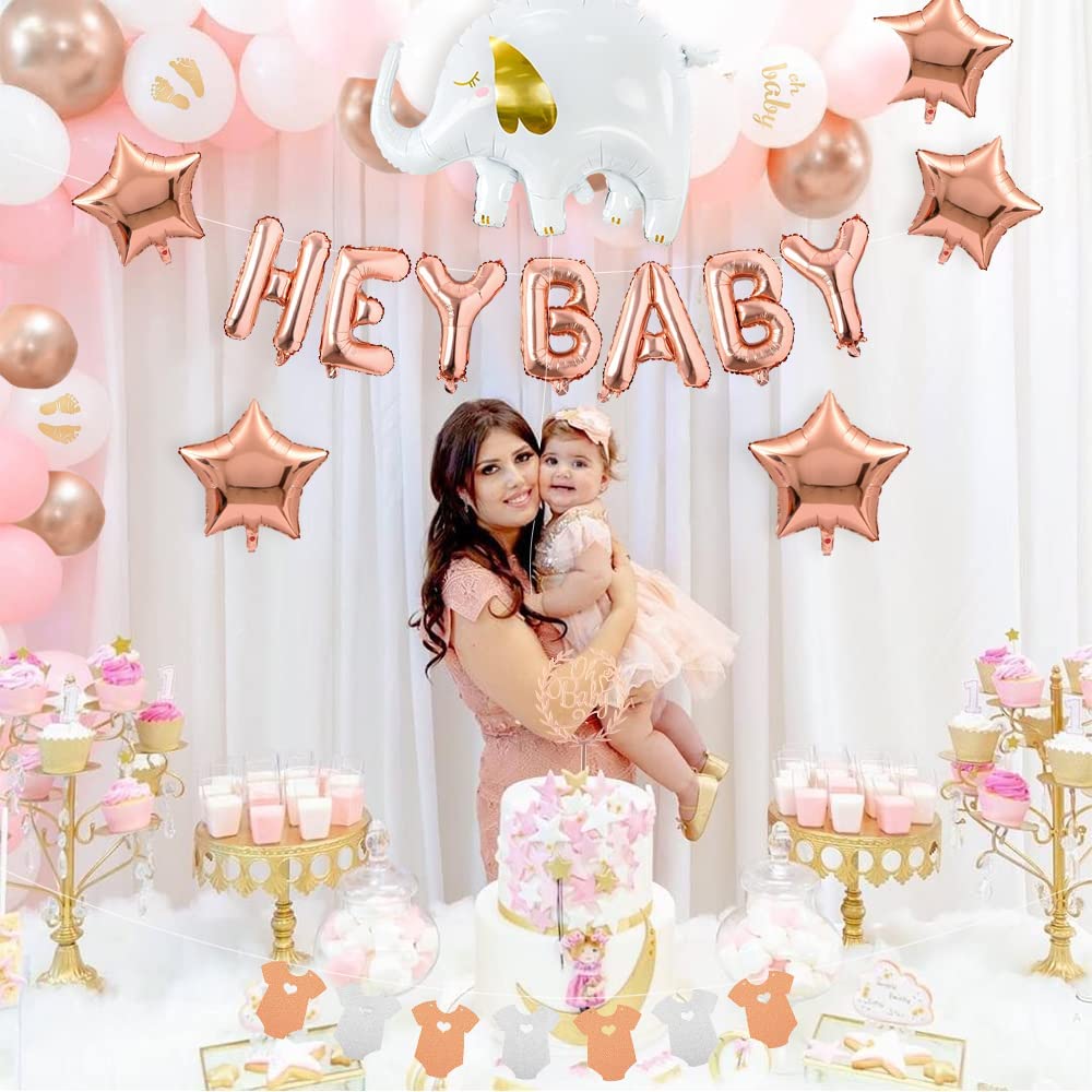iZoeL Baby Shower Decorations Girl Rose Gold Baby Shower Decoration Neutral Balloon Arch Kit, Hey Baby Banner Mummy to Be Sash Elephant Balloons Gender Reveal Balloons Cake Topper