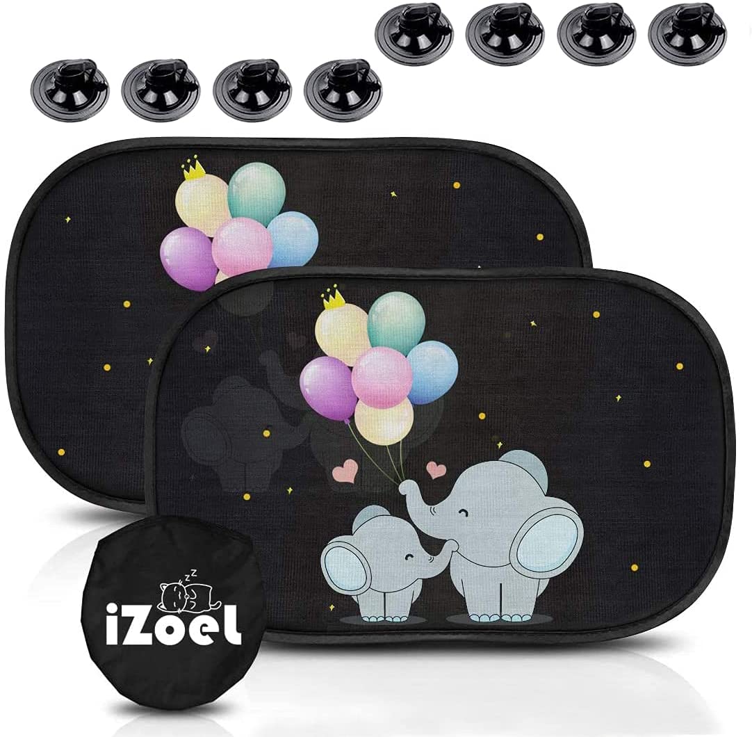 iZoeL Car Sun Shade for Baby Car Window Shades kid 2 Pack Elephant Side Rear Sunshades Static Cling 80GSM 8 Suction Cups Storage Bag - Sun Glare and UV Rays Protection Universal
