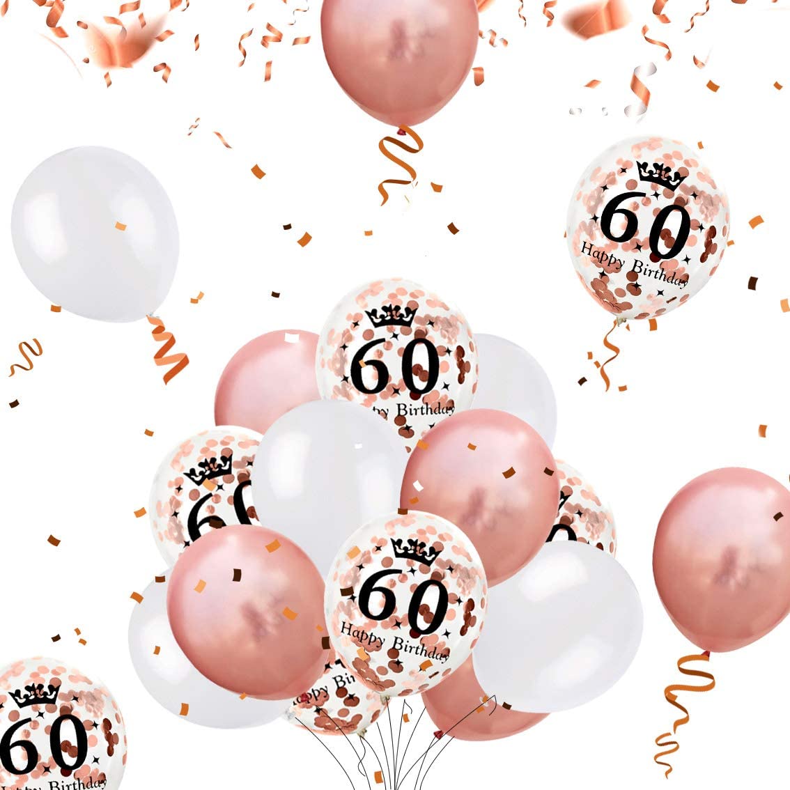 iZoeL 60th Rose Gold Birthday Party Decoration Happy Birthday Banner Helium Number 60 XXL 2 Rose Gold Fringe Curtain Latex Confetti Balloon Table Confetti Girl Women Anniversary