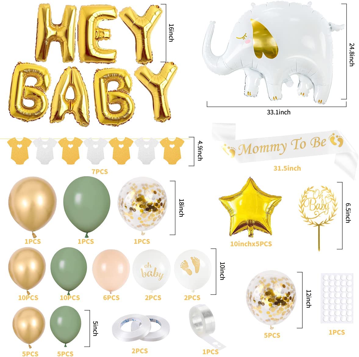 iZoeL Sage Green Baby Shower Decorations Boy Girl Gold Apricot Baby Shower Decoration Neutral Balloon Arch Kit, Hey Baby Banner Mummy to Be Sash Elephant Balloons Surprise Gender Reveal