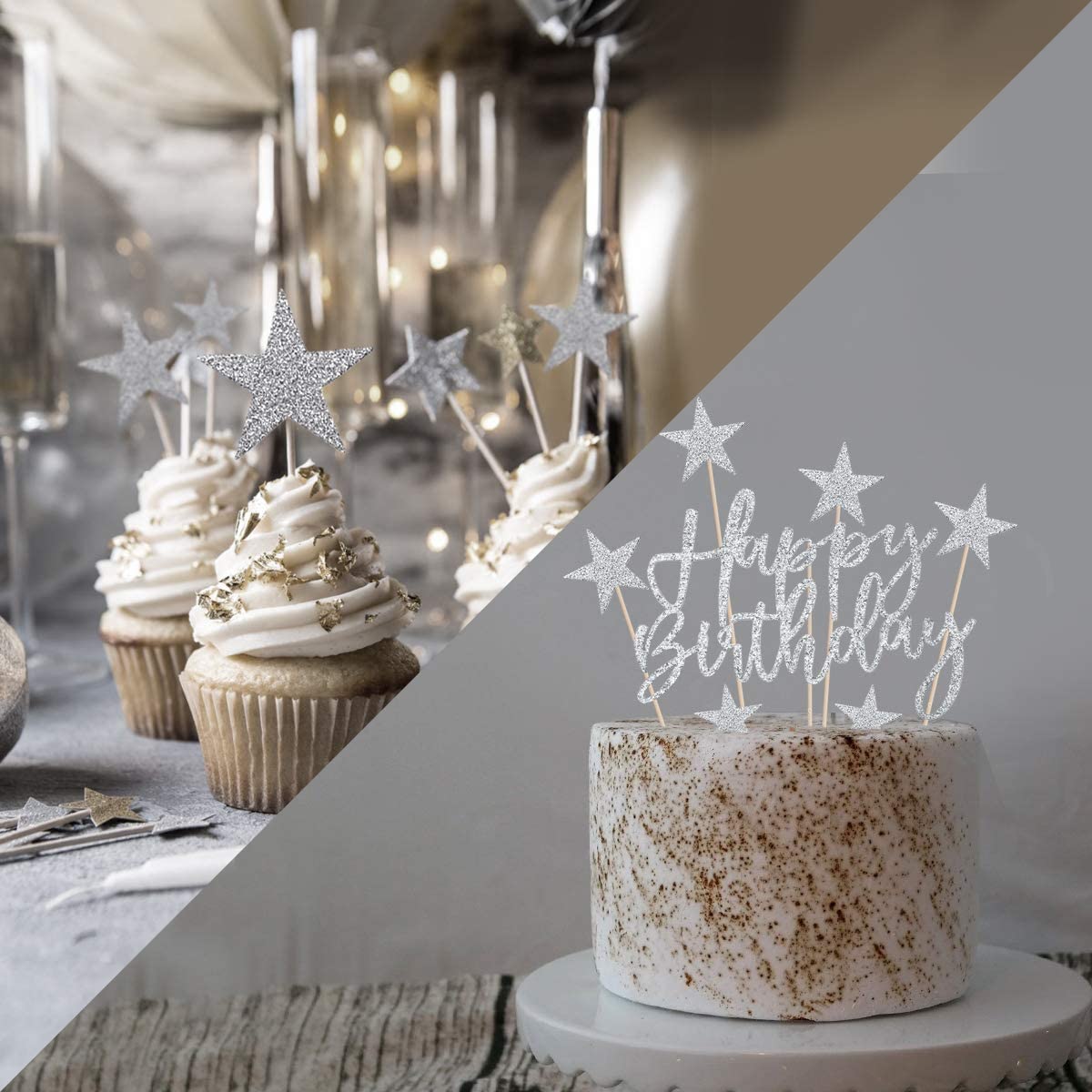 iZoeL 2 Sets Silver Cake Decoration Gold Cake Topper Happy Birthday Banner Confetti Balloon Stars Heart Cake Topper for Man Boys Women Girls Silver Theme Birthday Party Decor Hen Party